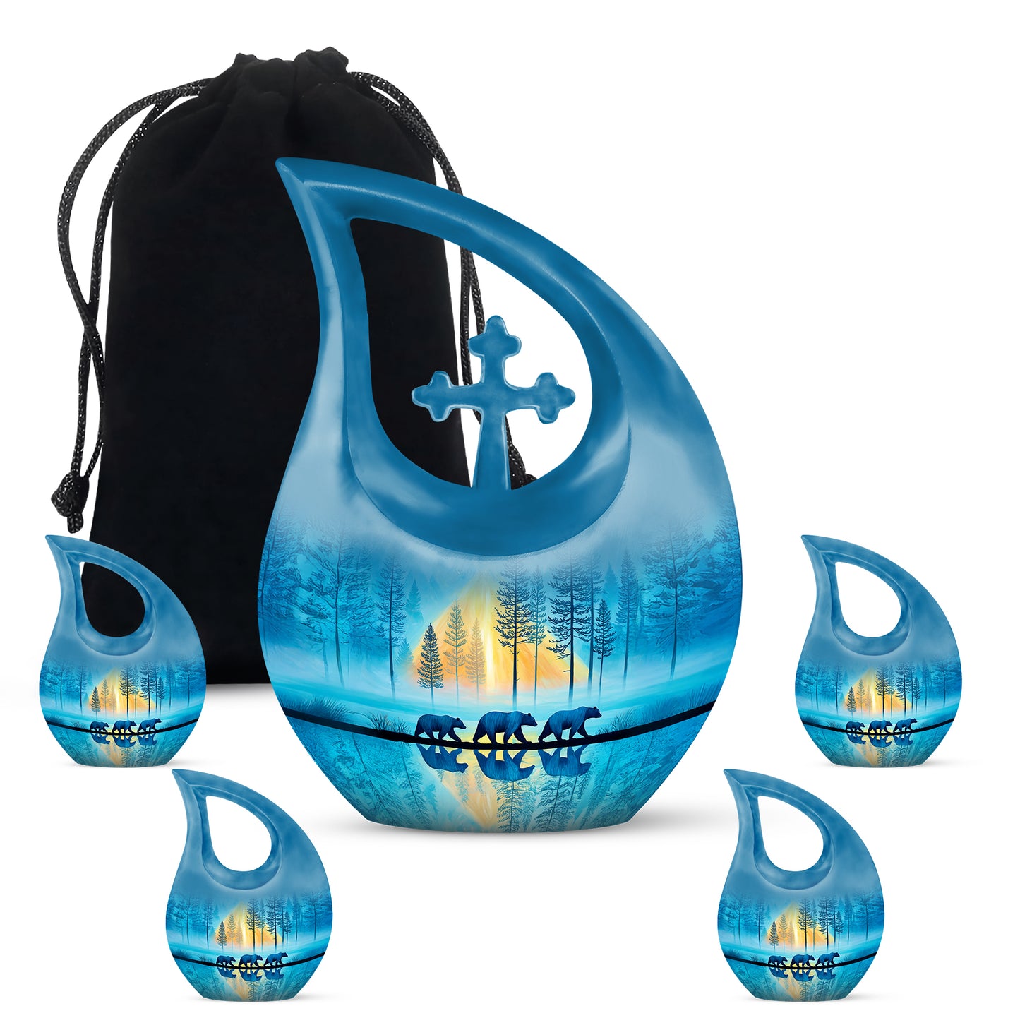 Ocean Teal Bear Cremation Urn urn with complimentary velvet bag - cross and bear combined in spiritual memorial design - memorial set with one large and four small urns