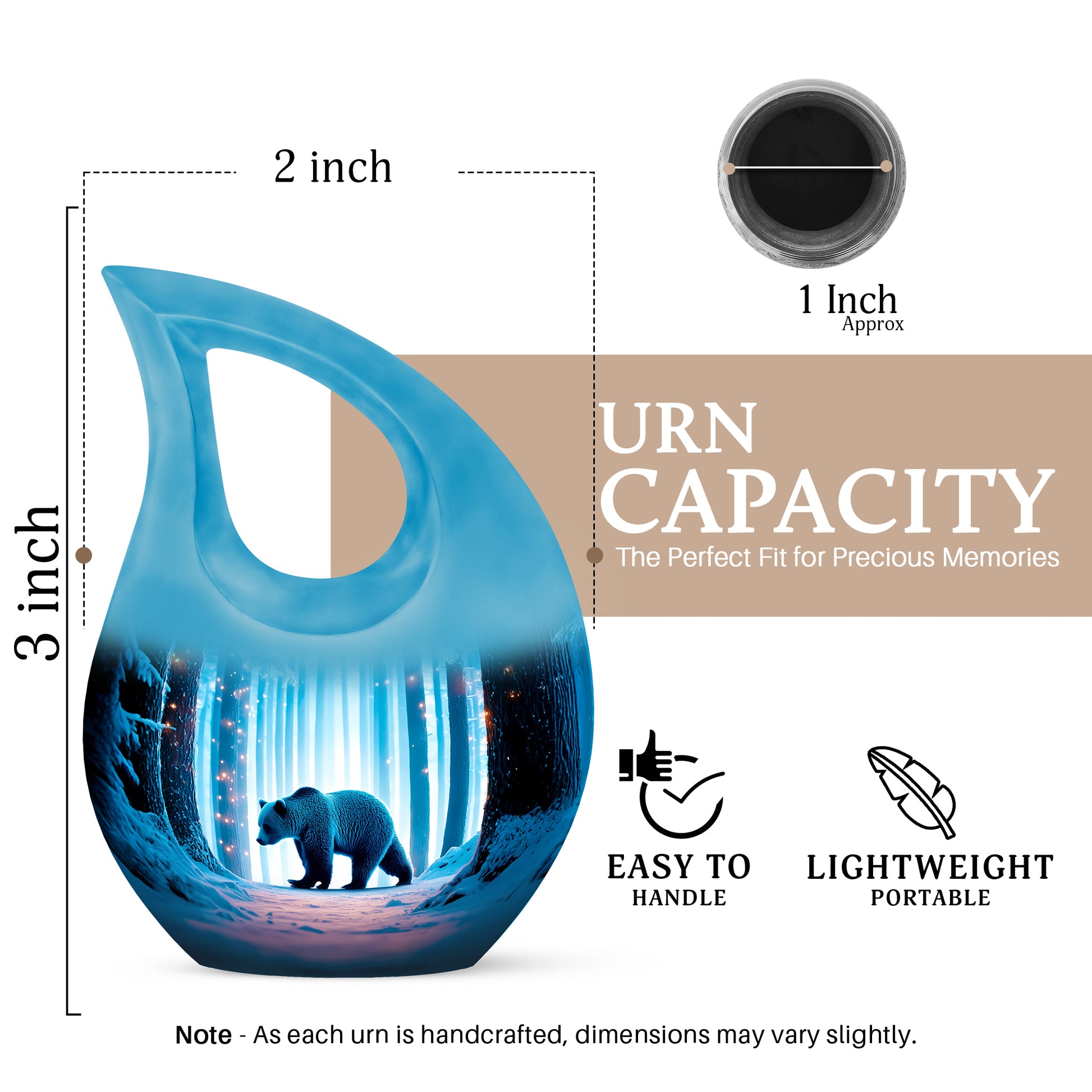 Mystic Teal Bear Cremation Urn back view with polished surface - devotional cross-drop bear engraving - mini keepsake memorial for portion of cremation ashes