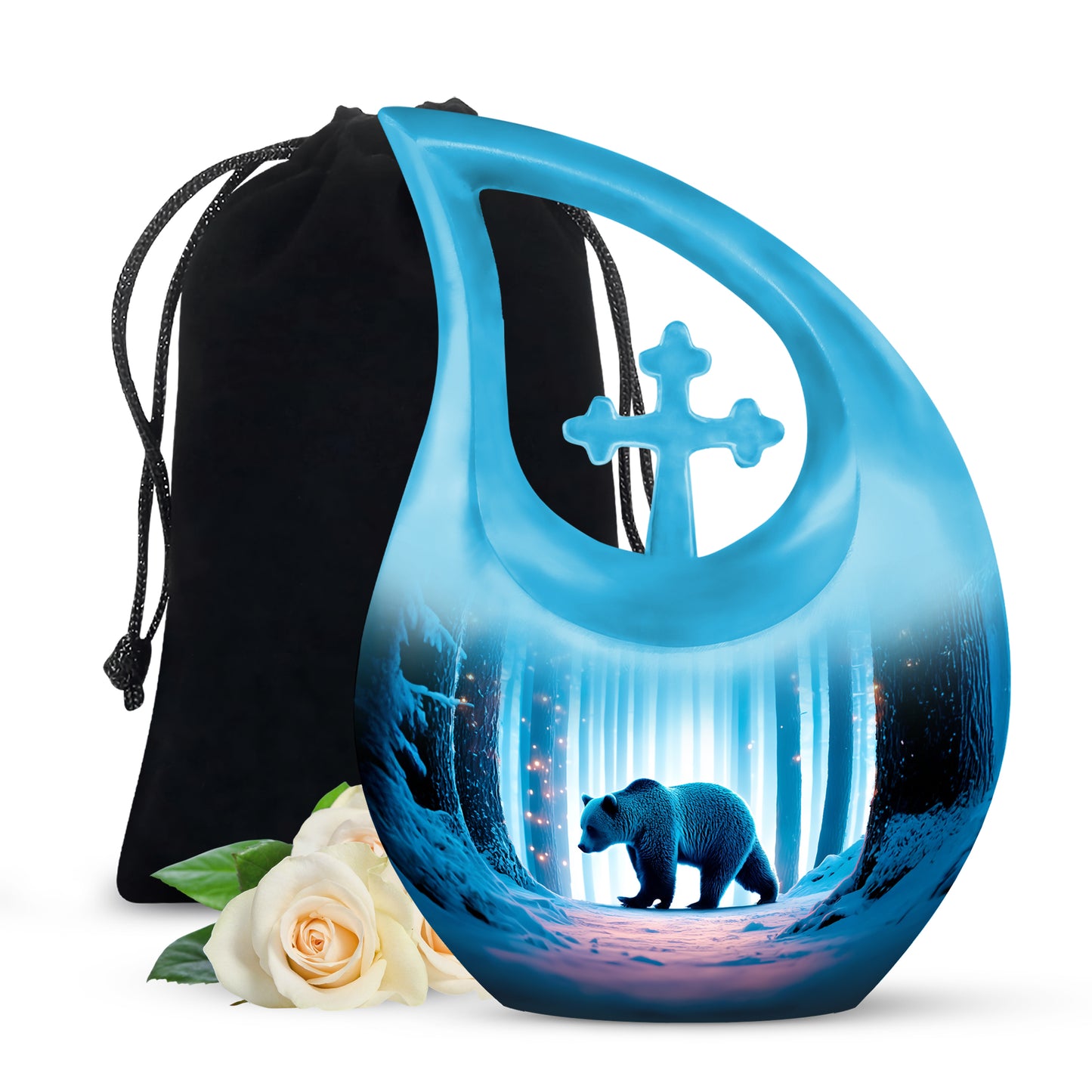 Jewel Teal Bear Cremation Urn top-down view of secure threaded lid - sacred cross merged with bear motif on metal - full-size 10 inch 200 cubic inch adult cremation urn