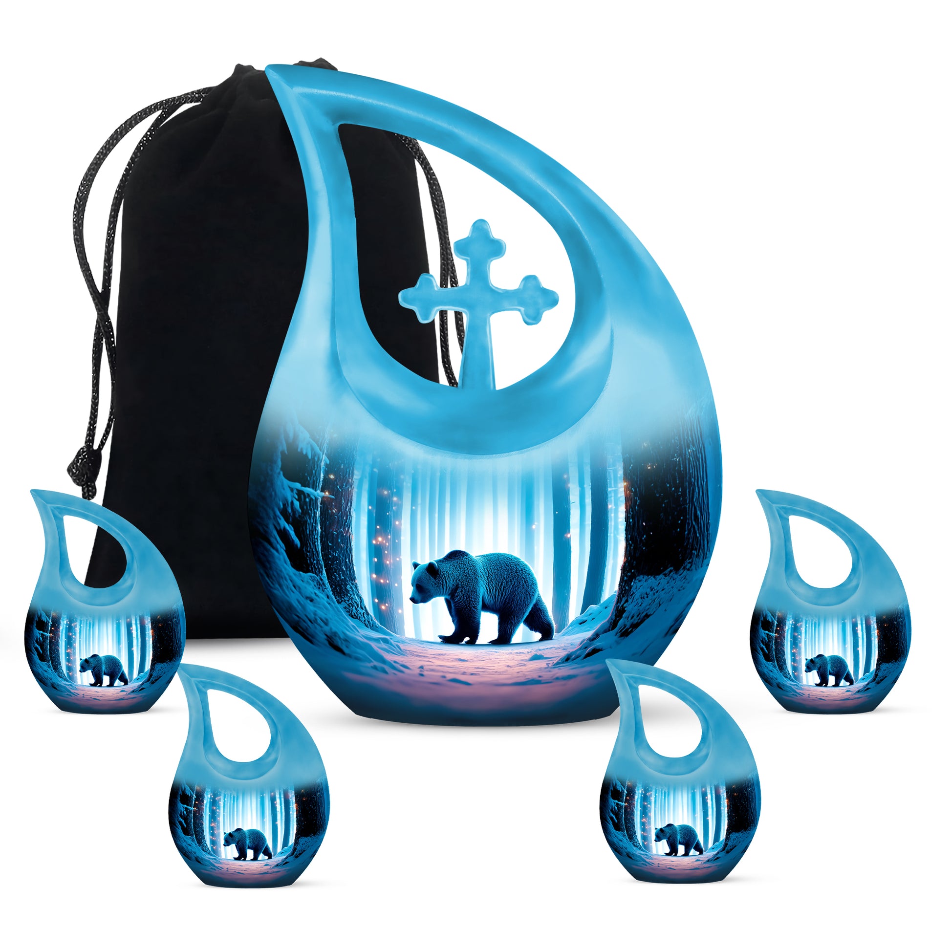 Cool Teal Bear Cremation Urn urn with complimentary velvet bag - cross and bear combined in spiritual memorial design - memorial set with one large and four small urns