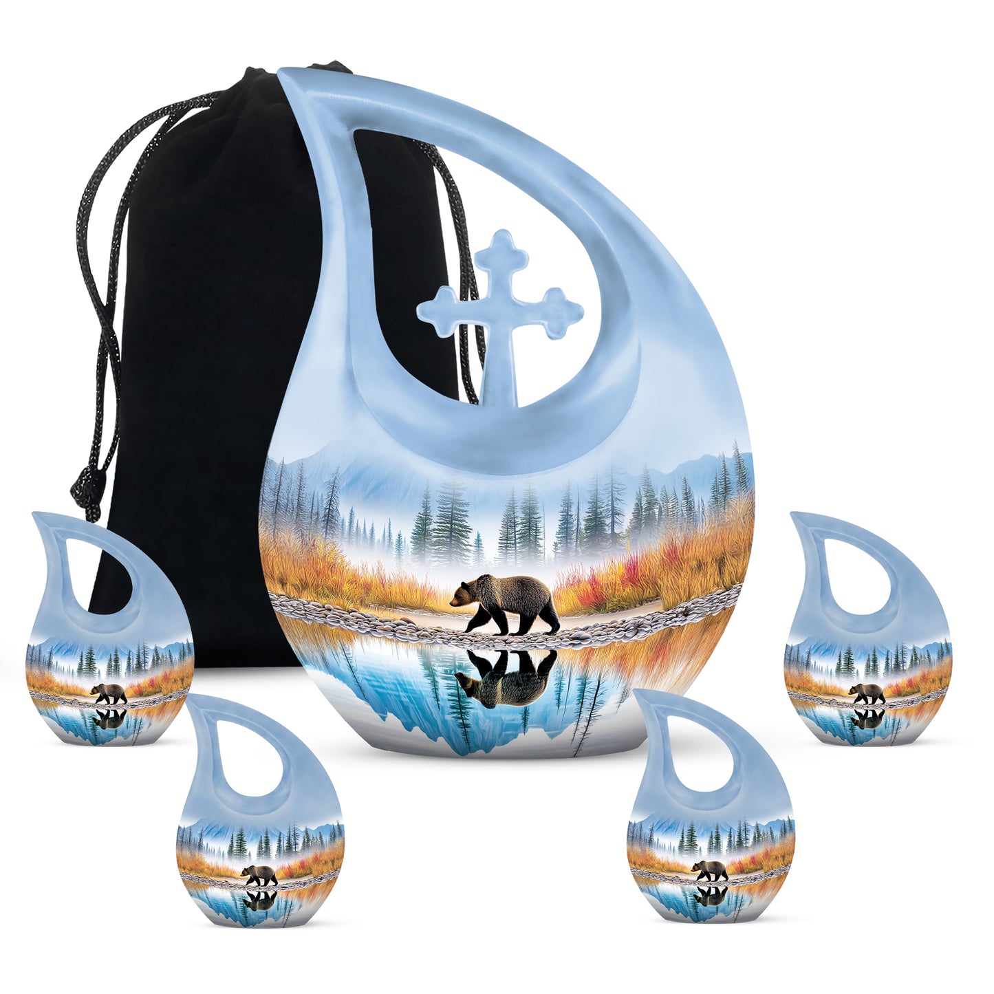 Vivid Blue Bear Cremation Urn urn with complimentary velvet bag - faith-inspired cross-drop urn with bear pattern - memorial set with one large and four small urns