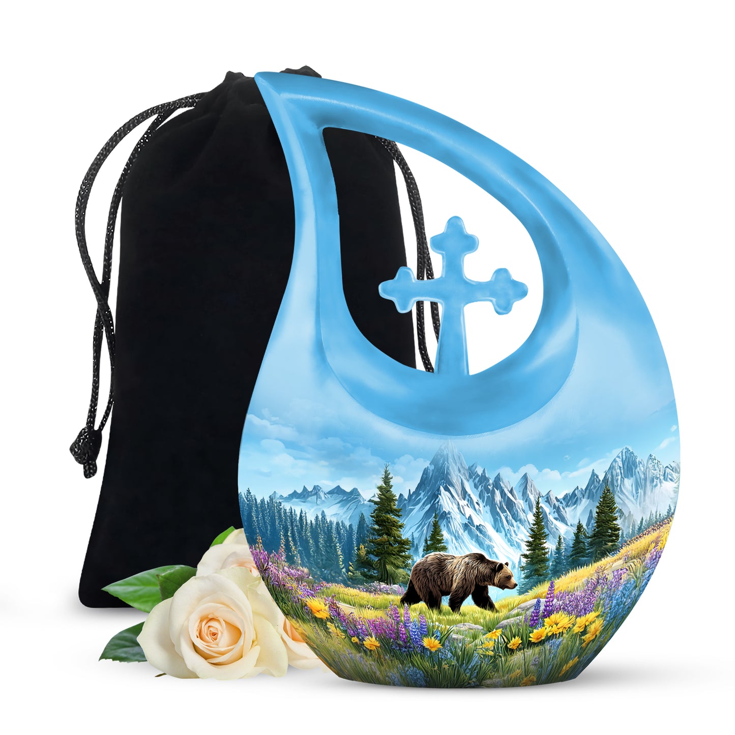 Indigo Bear Cremation Urn top-down view of secure threaded lid - sacred cross merged with bear motif on metal - full-size 10 inch 200 cubic inch adult cremation urn