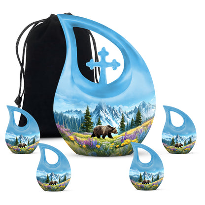 Cobalt Blue Bear Cremation Urn urn with complimentary velvet bag - faith-inspired cross-drop urn with bear pattern - memorial set with one large and four small urns