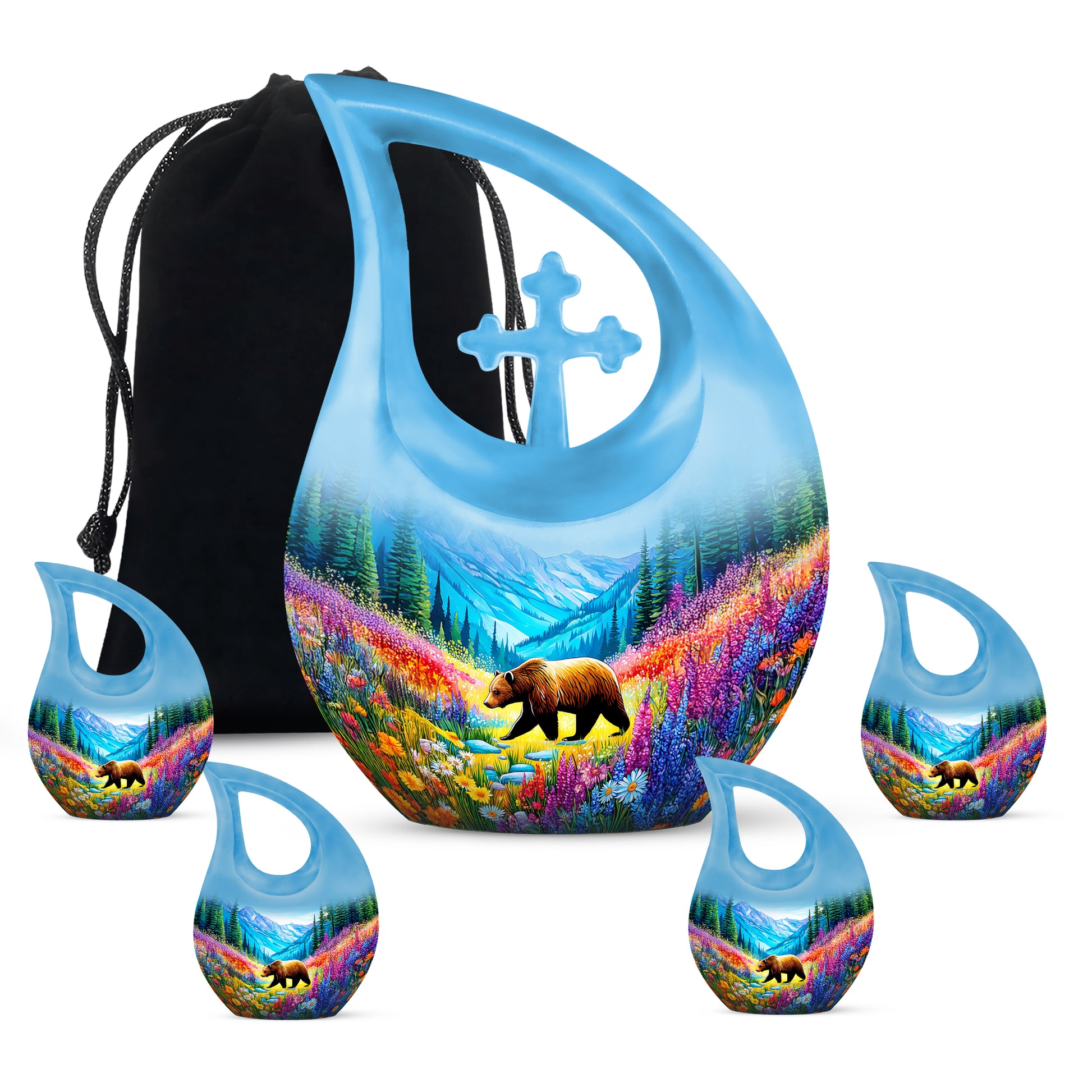 Jewel Teal Bear Cremation Urn urn with complimentary velvet bag - sacred cross merged with bear motif on metal - memorial set with one large and four small urns
