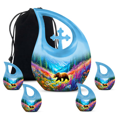 Jewel Teal Bear Cremation Urn urn with complimentary velvet bag - sacred cross merged with bear motif on metal - memorial set with one large and four small urns