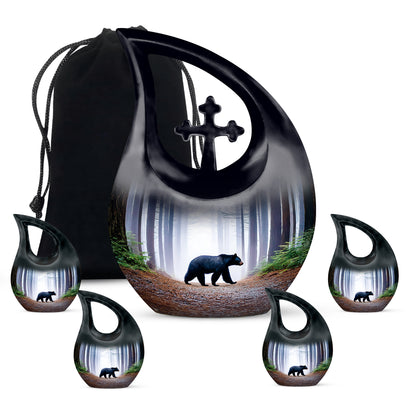 Misty Blue Bear Cremation Urn urn with complimentary velvet bag - sacred cross merged with bear motif on metal - memorial set with one large and four small urns