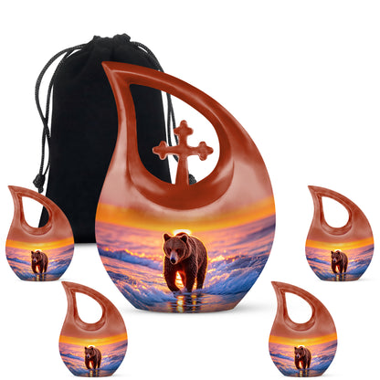 Wine Red Bear Cremation Urn urn with complimentary velvet bag - sacred cross merged with bear motif on metal - memorial set with one large and four small urns