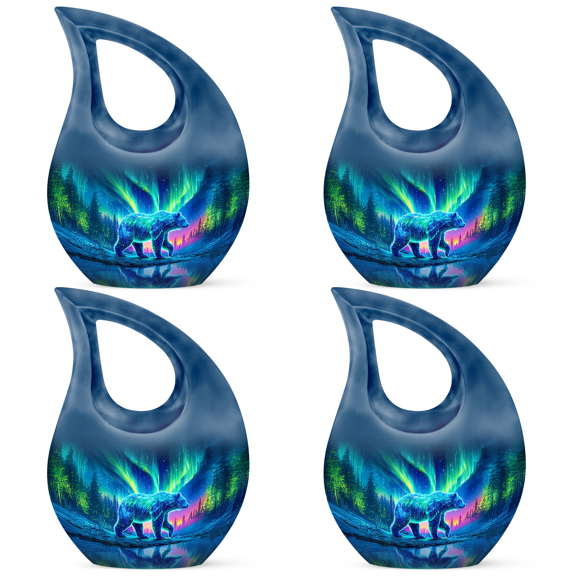 Dusty Blue Bear Cremation Urn lifestyle display on memorial shelf - cross and bear combined in spiritual memorial design - 10 inch aluminum urn for cremated remains