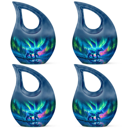Dusty Blue Bear Cremation Urn lifestyle display on memorial shelf - cross and bear combined in spiritual memorial design - 10 inch aluminum urn for cremated remains