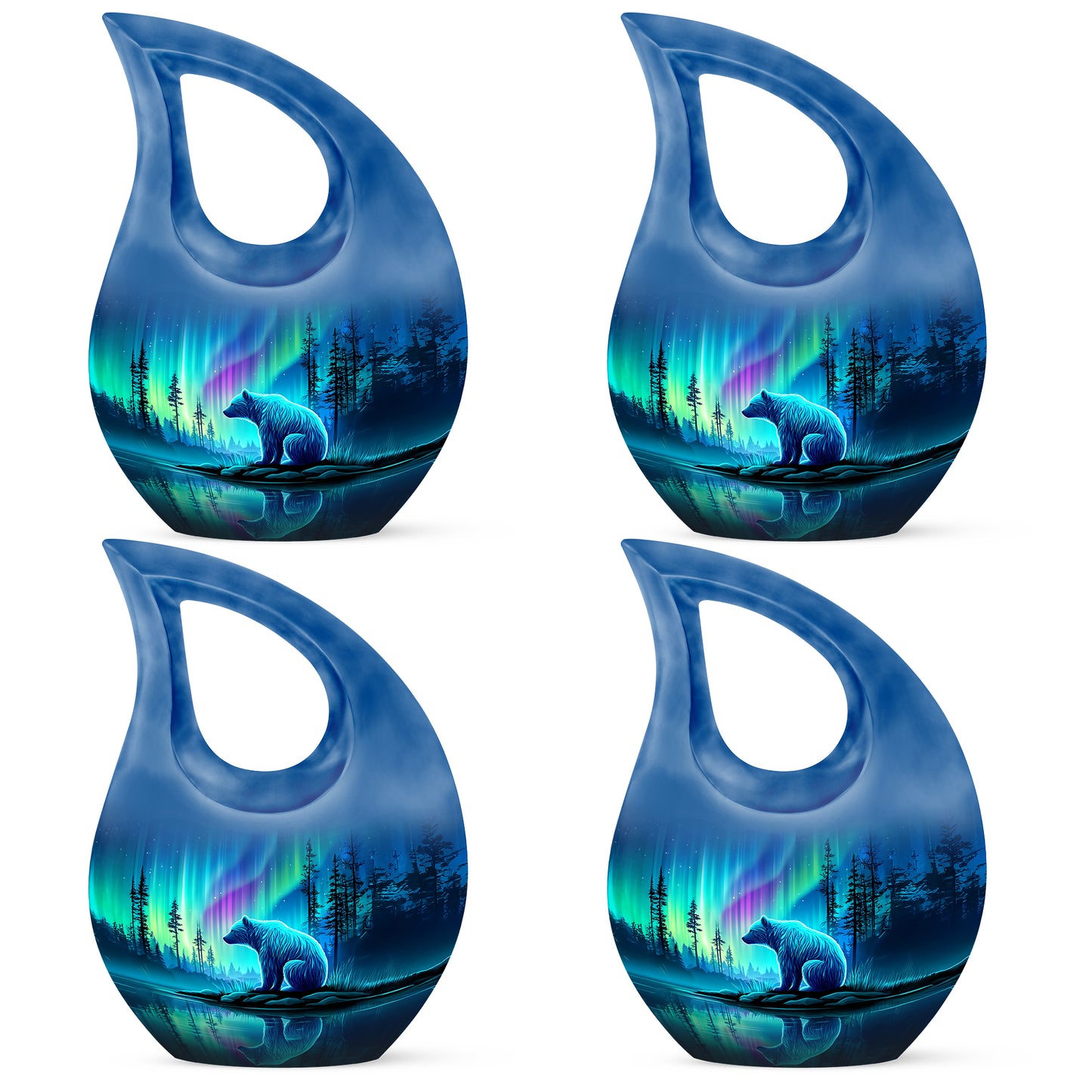 Sky Blue Bear Cremation Urn lifestyle display on memorial shelf - sacred cross merged with bear motif on metal - 10 inch aluminum urn for cremated remains
