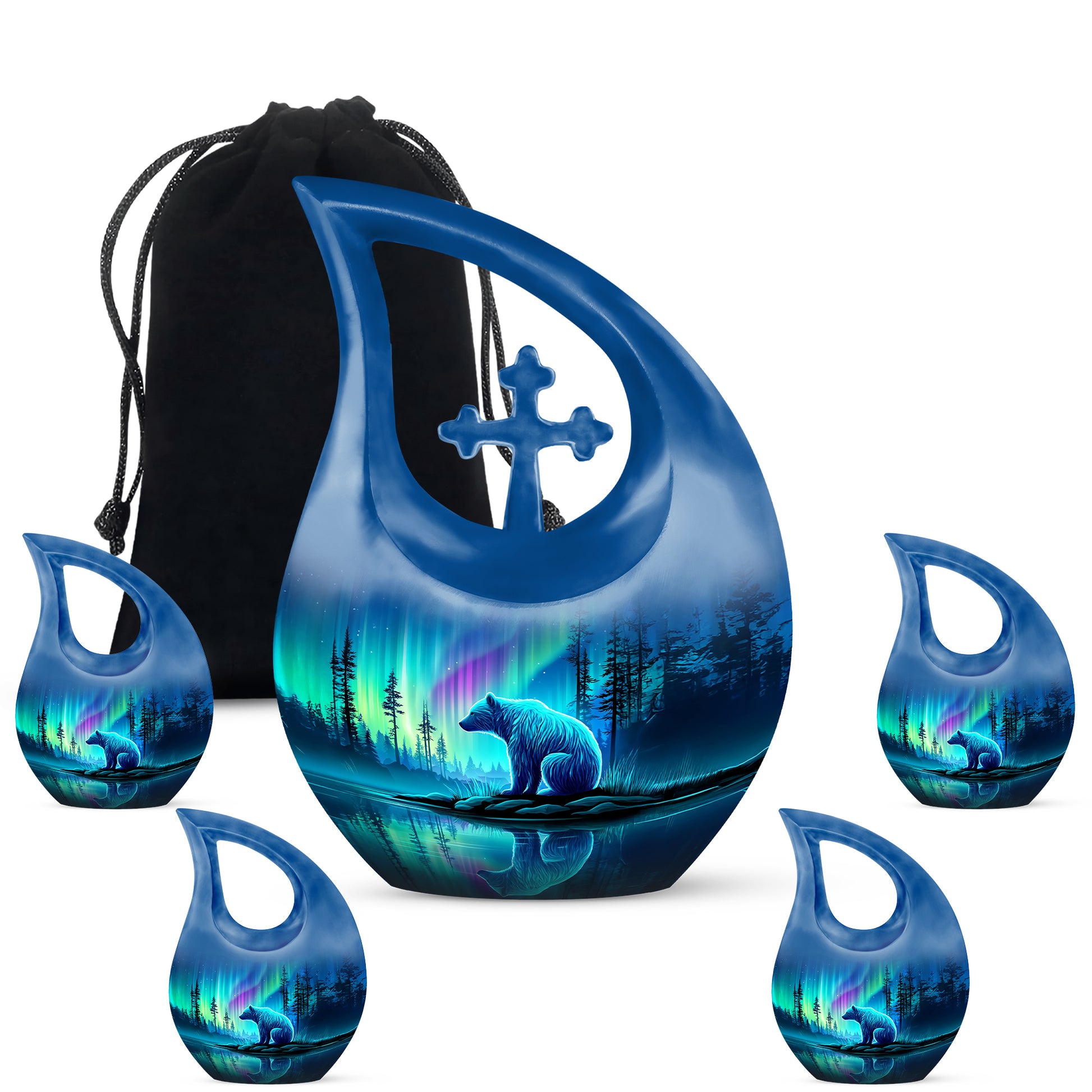Azure Bear Cremation Urn urn with complimentary velvet bag - sacred cross merged with bear motif on metal - memorial set with one large and four small urns