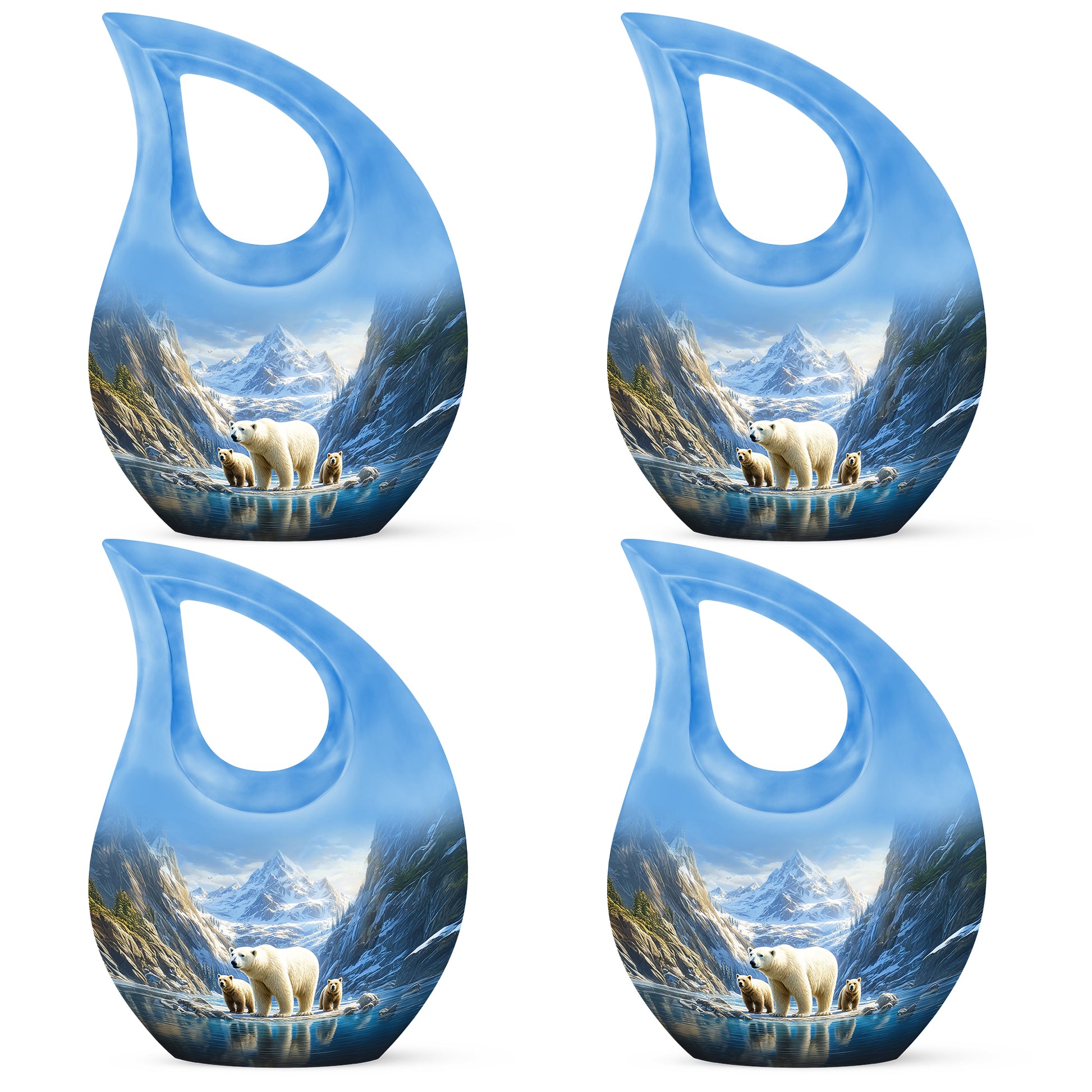 Royal Blue Bear Cremation Urn lifestyle display on memorial shelf - faith-inspired cross-drop urn with bear pattern - 10 inch aluminum urn for cremated remains