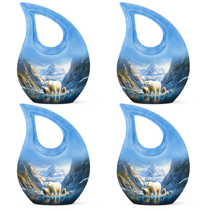 Royal Blue Bear Cremation Urn lifestyle display on memorial shelf - faith-inspired cross-drop urn with bear pattern - 10 inch aluminum urn for cremated remains