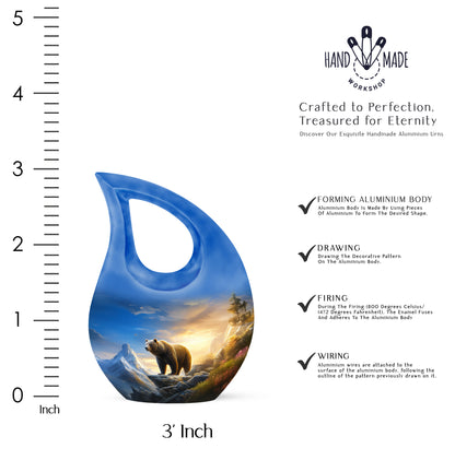 Twilight Blue Bear Cremation Urn back view with polished surface - faith-inspired cross-drop urn with bear pattern - mini keepsake memorial for portion of cremation ashes