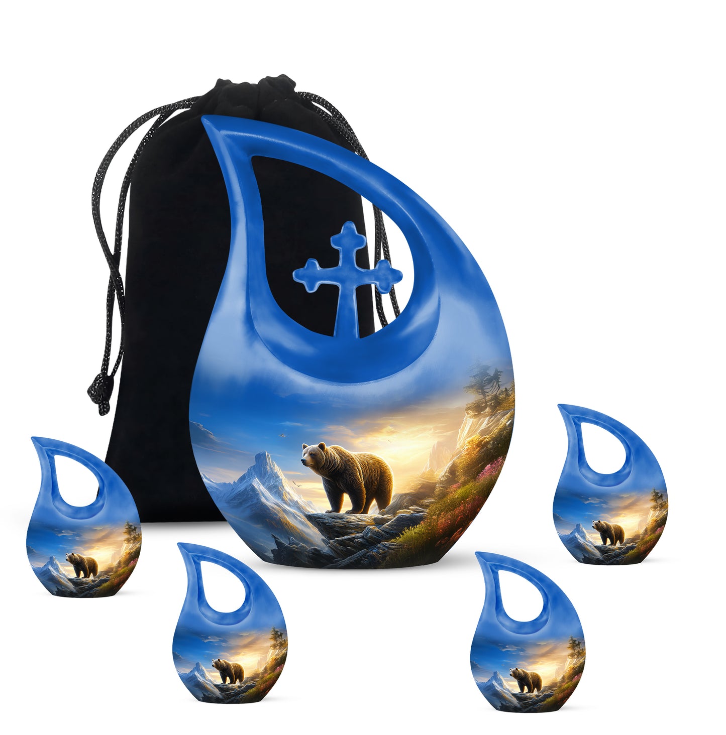 Powder Blue Bear Cremation Urn urn with complimentary velvet bag - cross and bear combined in spiritual memorial design - memorial set with one large and four small urns