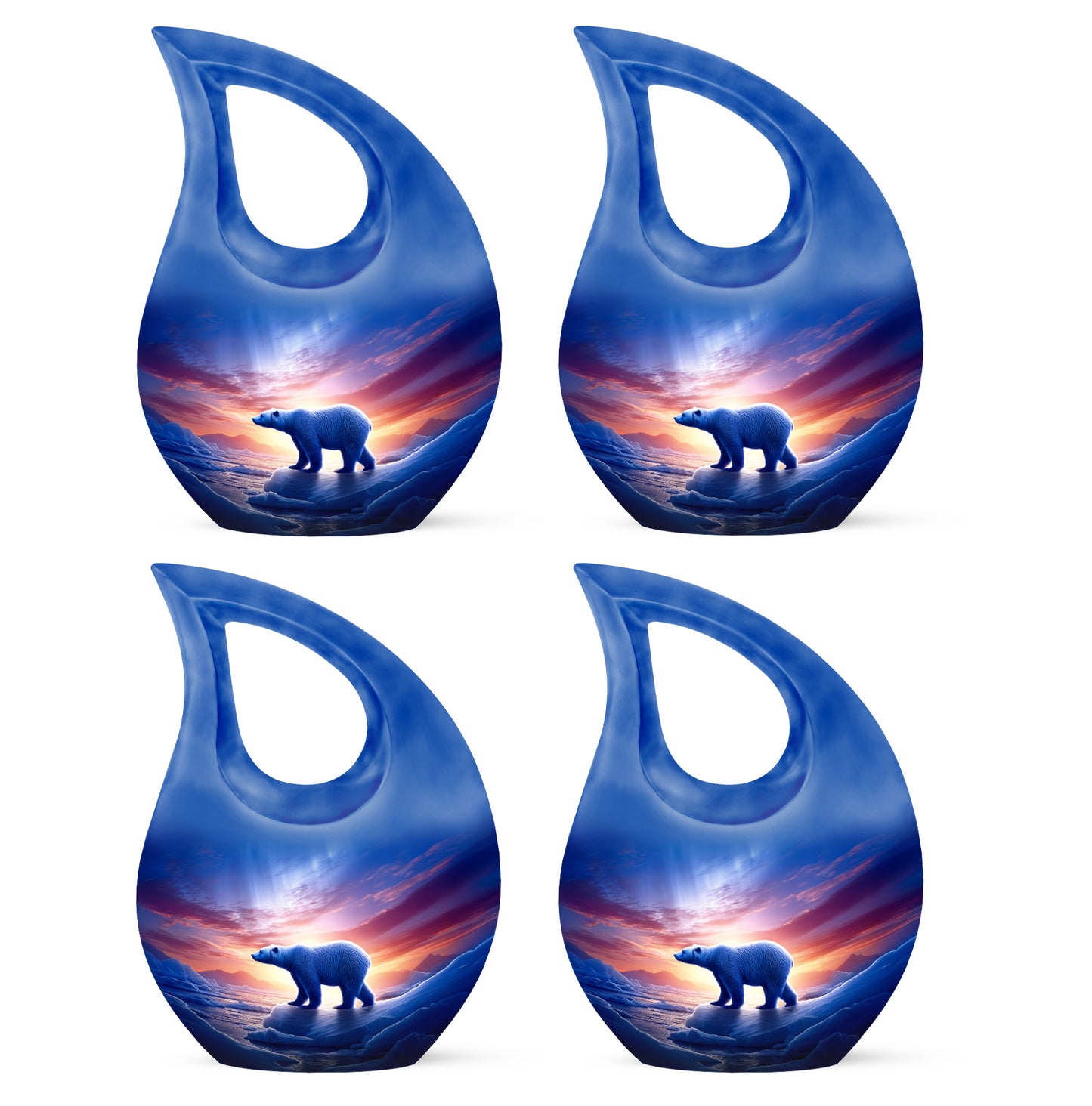 Serene Blue Bear Cremation Urn lifestyle display on memorial shelf - faith-inspired cross-drop urn with bear pattern - 10 inch aluminum urn for cremated remains