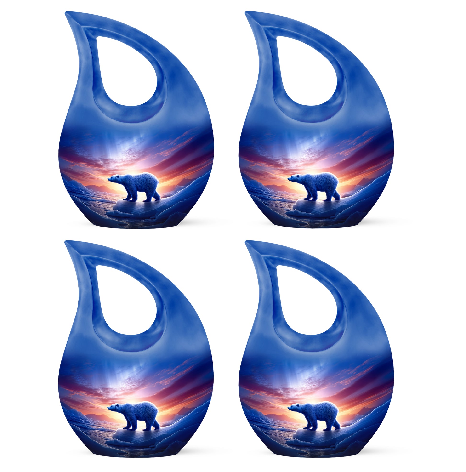 Serene Blue Bear Cremation Urn lifestyle display on memorial shelf - faith-inspired cross-drop urn with bear pattern - 10 inch aluminum urn for cremated remains