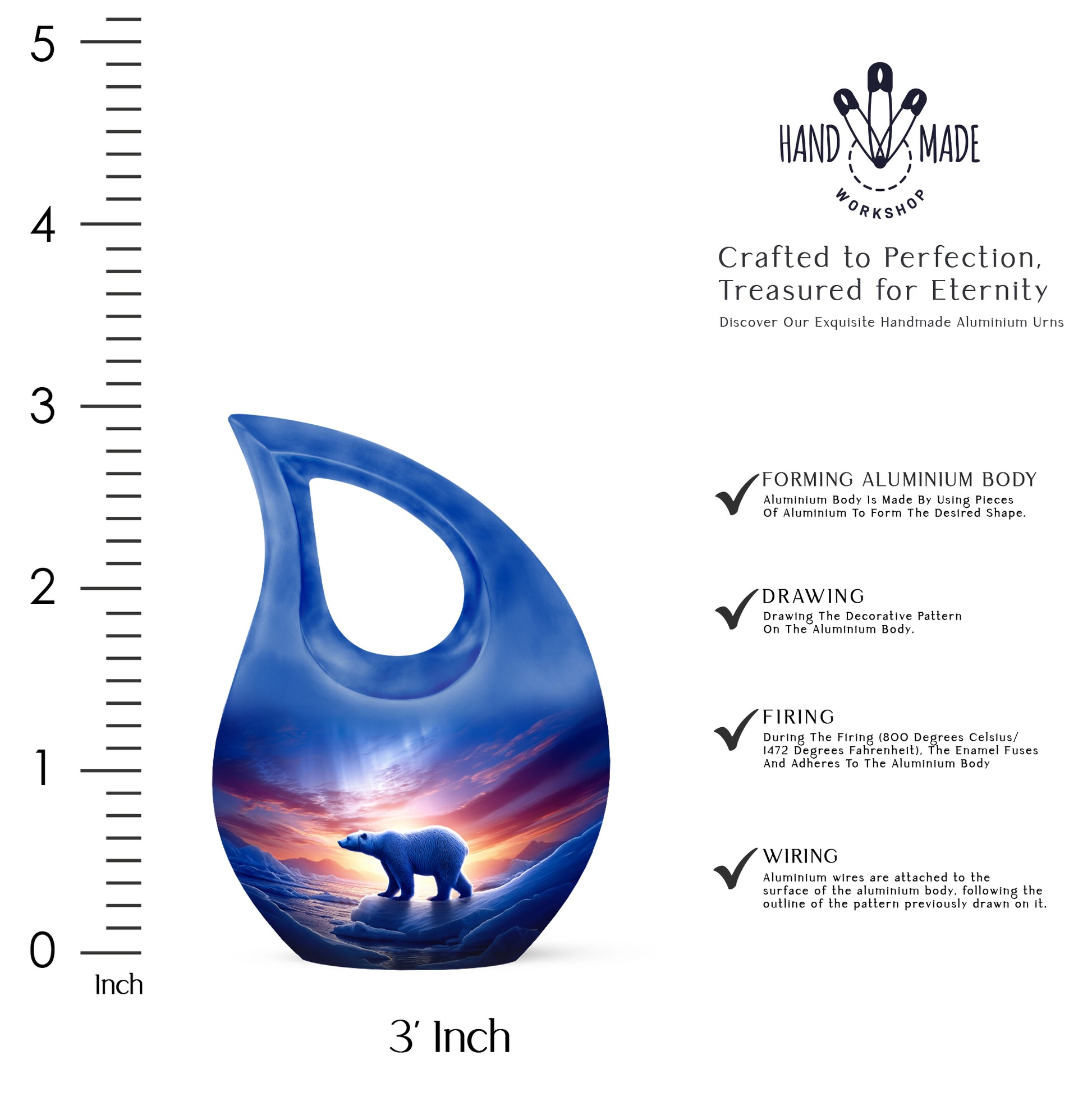 Bright Blue Bear Cremation Urn back view with polished surface - faith-inspired cross-drop urn with bear pattern - mini keepsake memorial for portion of cremation ashes