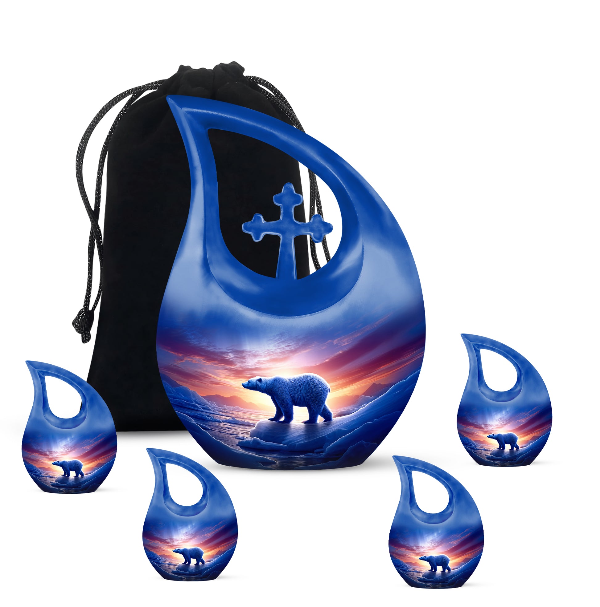Celestial Blue Bear Cremation Urn urn with complimentary velvet bag - cross and bear combined in spiritual memorial design - memorial set with one large and four small urns