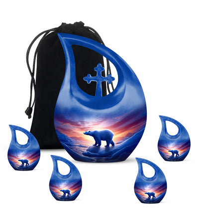Celestial Blue Bear Cremation Urn urn with complimentary velvet bag - cross and bear combined in spiritual memorial design - memorial set with one large and four small urns