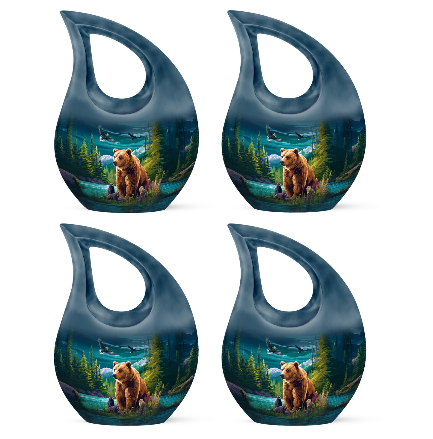Ocean Teal Bear Cremation Urn lifestyle display on memorial shelf - sacred cross merged with bear motif on metal - 10 inch aluminum urn for cremated remains
