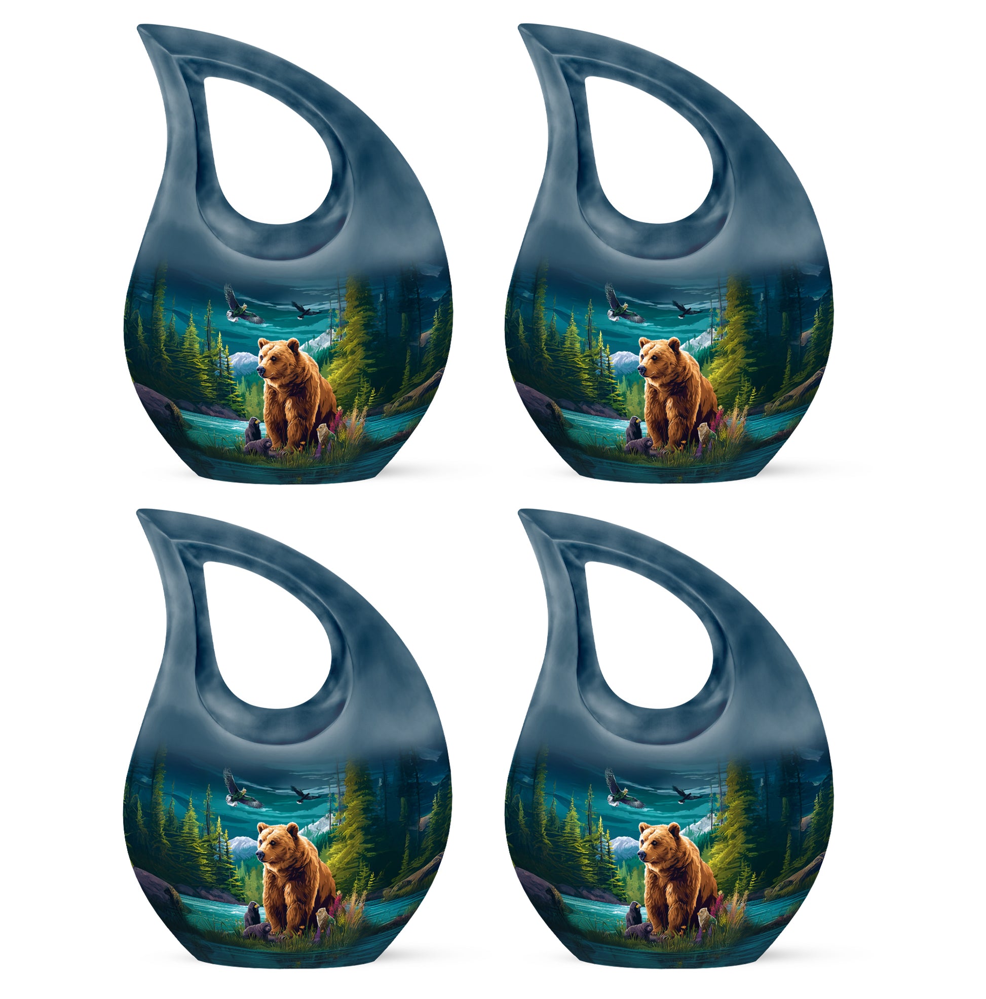 Ocean Teal Bear Cremation Urn lifestyle display on memorial shelf - sacred cross merged with bear motif on metal - 10 inch aluminum urn for cremated remains