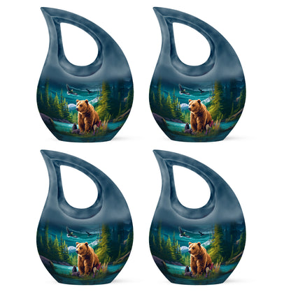 Ocean Teal Bear Cremation Urn lifestyle display on memorial shelf - sacred cross merged with bear motif on metal - 10 inch aluminum urn for cremated remains