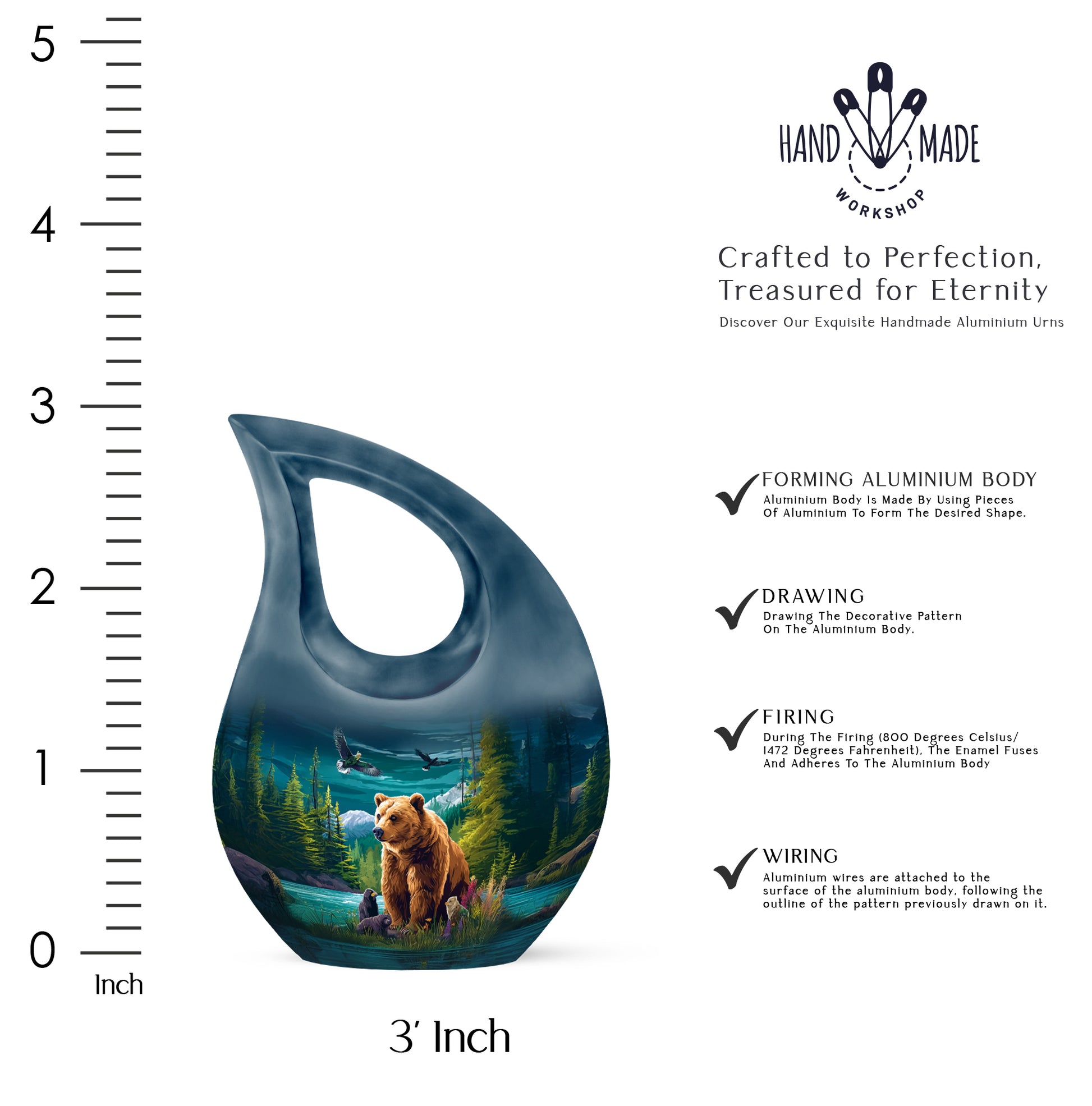Soft Teal Bear Cremation Urn back view with polished surface - cross and bear combined in spiritual memorial design - mini keepsake memorial for portion of cremation ashes