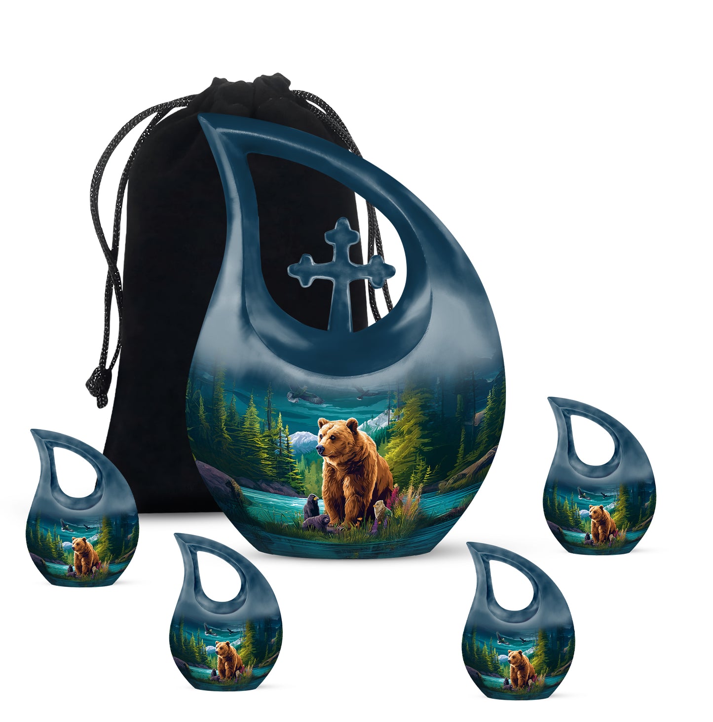 Mystic Teal Bear Cremation Urn urn with complimentary velvet bag - faith-inspired cross-drop urn with bear pattern - memorial set with one large and four small urns