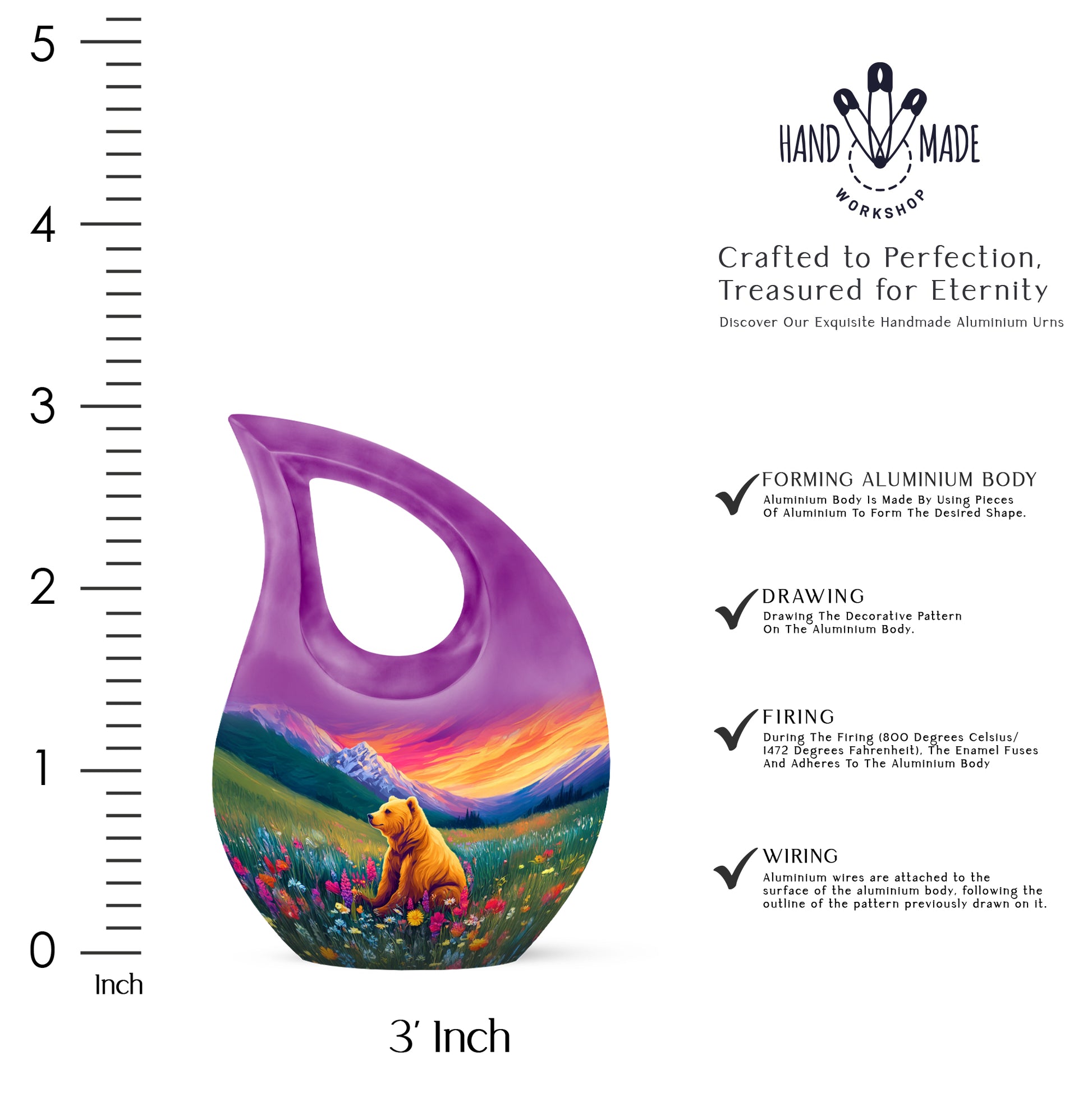 Pastel Pink Bear Cremation Urn back view with polished surface - cross and bear combined in spiritual memorial design - mini keepsake memorial for portion of cremation ashes