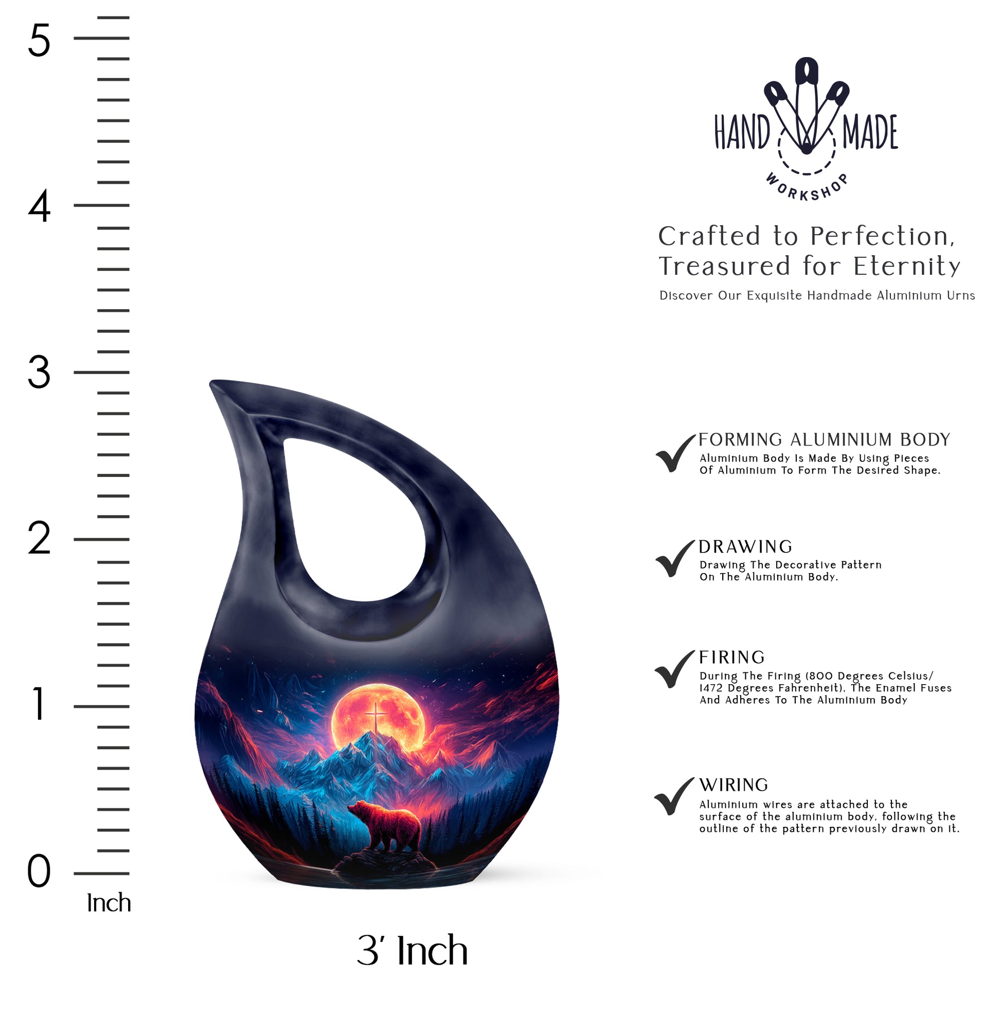 Navy Blue Bear Cremation Urn back view with polished surface - sacred cross merged with bear motif on metal - mini keepsake memorial for portion of cremation ashes