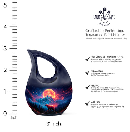 Navy Blue Bear Cremation Urn back view with polished surface - sacred cross merged with bear motif on metal - mini keepsake memorial for portion of cremation ashes