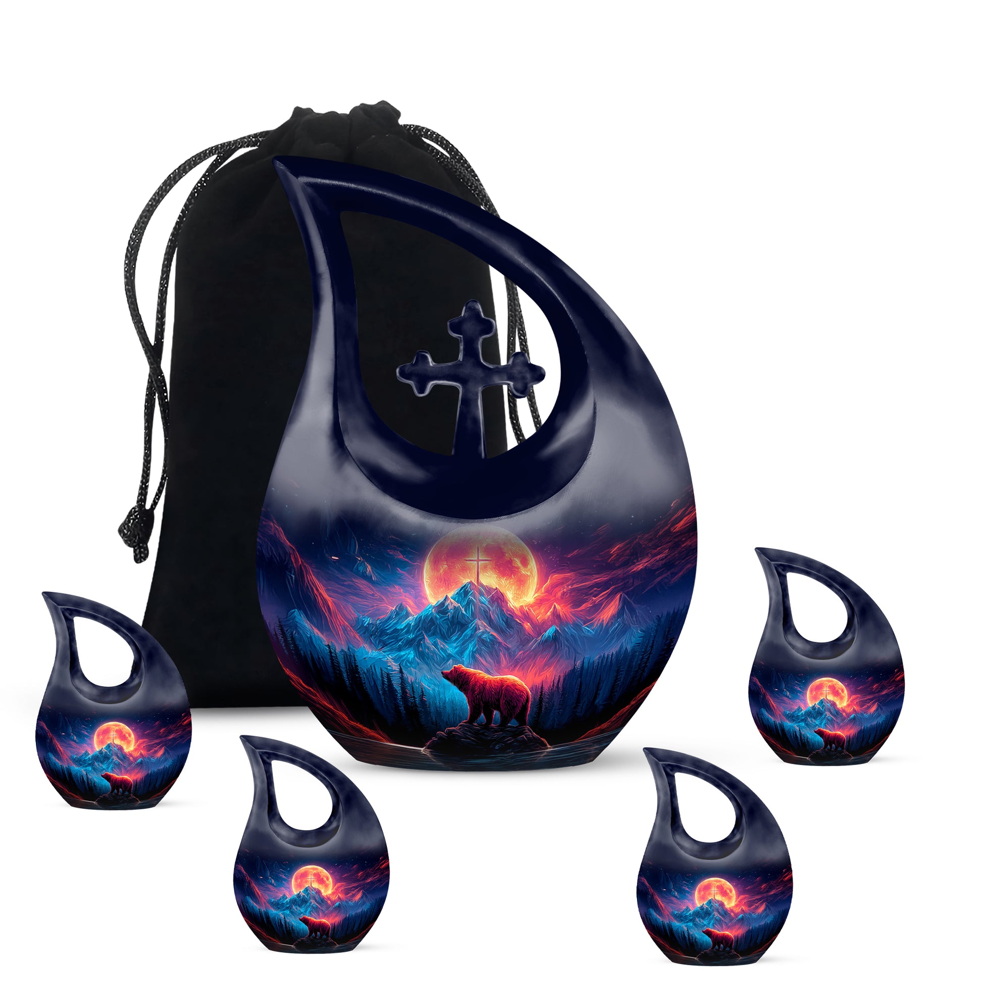 Serene Blue Bear Cremation Urn urn with complimentary velvet bag - faith-inspired cross-drop urn with bear pattern - memorial set with one large and four small urns