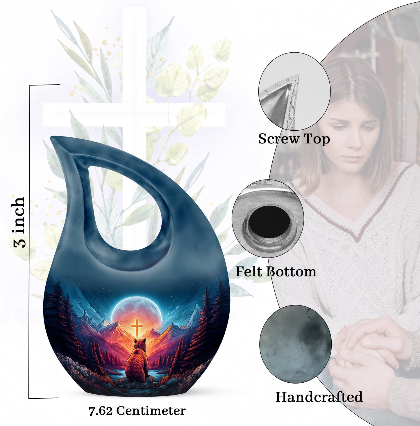 Vivid Blue Bear Cremation Urn back view with polished surface - devotional cross-drop bear engraving - mini keepsake memorial for portion of cremation ashes