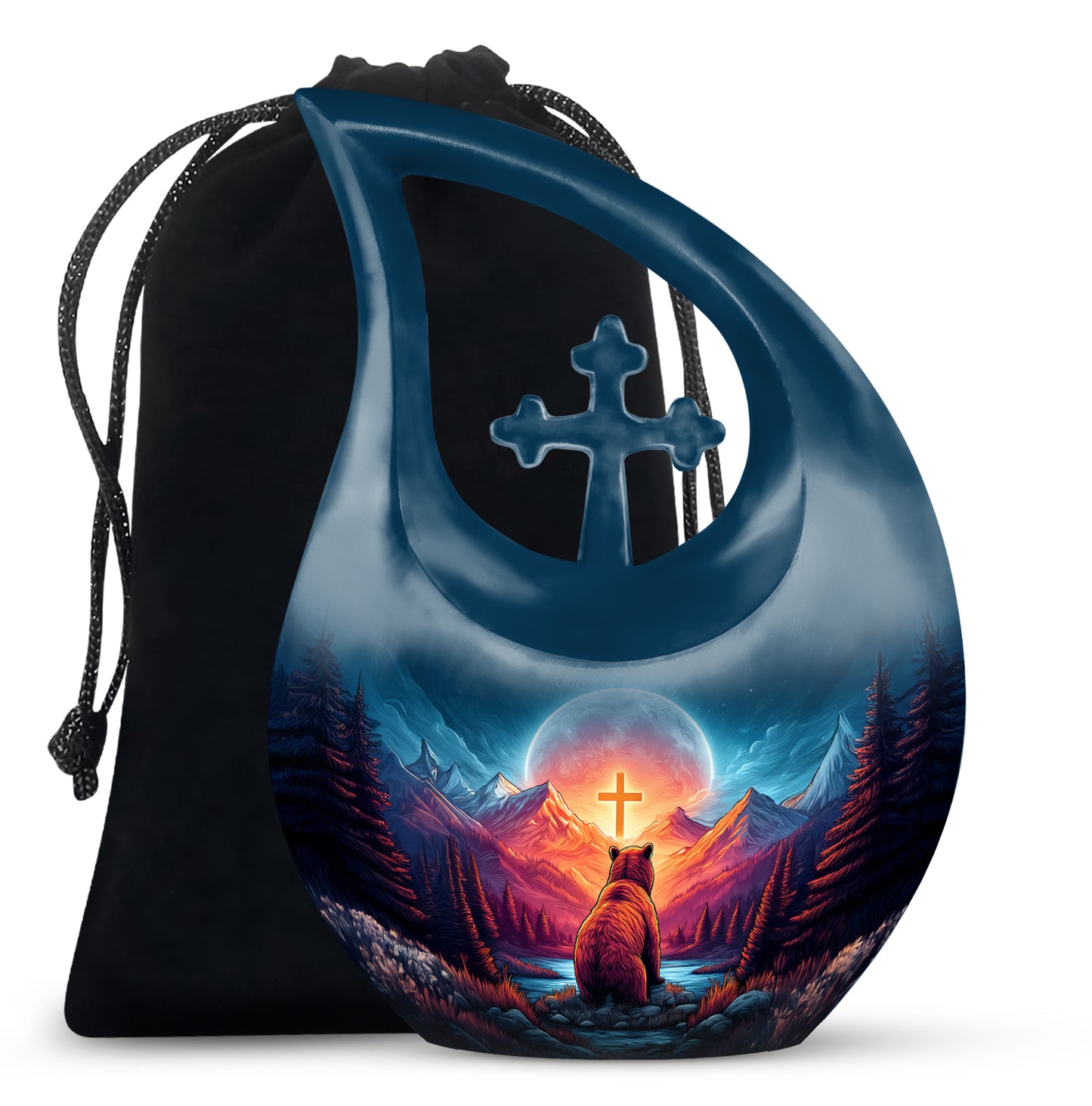 Sapphire Blue Bear Cremation Urn top-down view of secure threaded lid - devotional cross-drop bear engraving - full-size 10 inch 200 cubic inch adult cremation urn