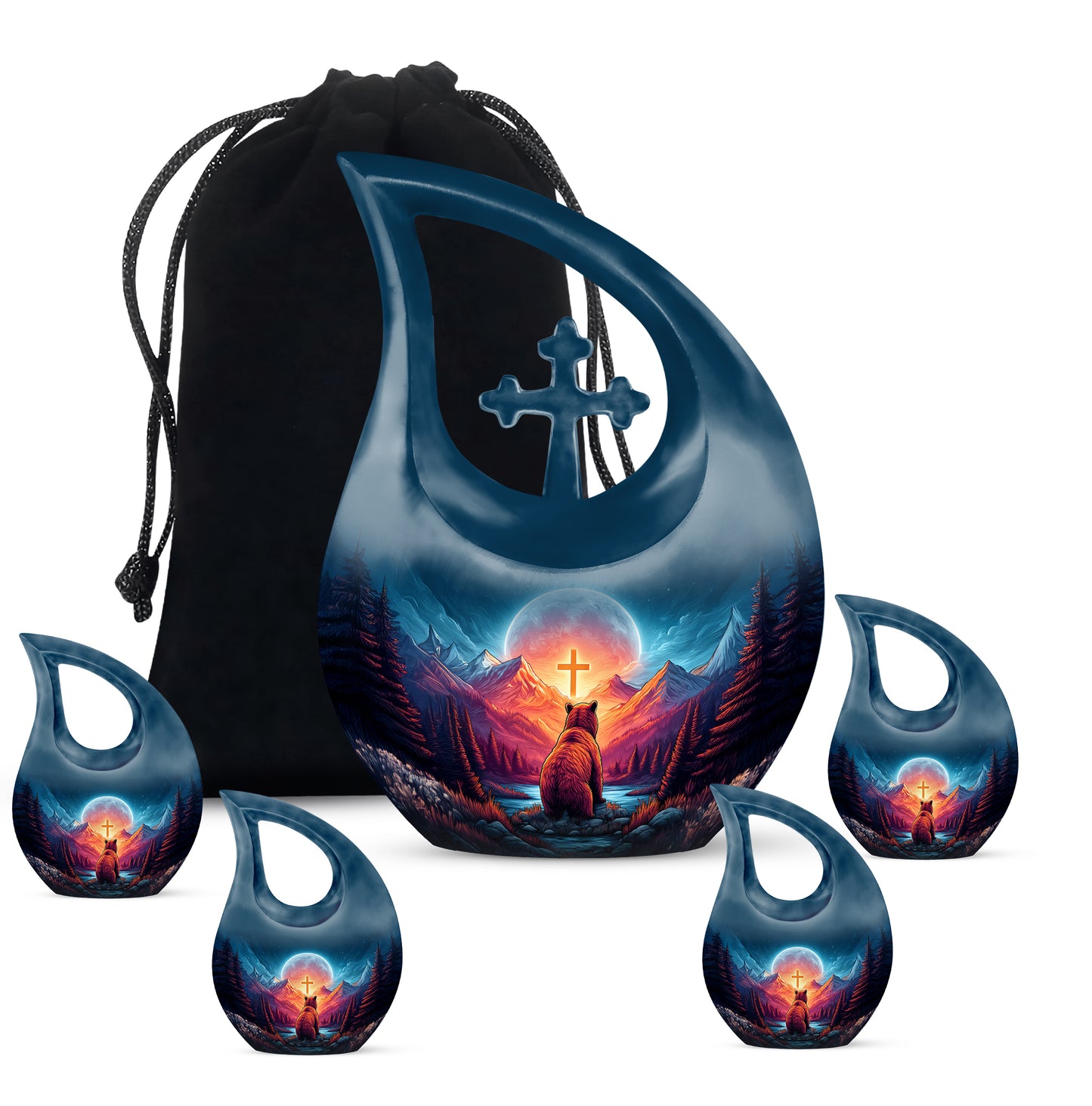 Soft Blue Bear Cremation Urn urn with complimentary velvet bag - faith-inspired cross-drop urn with bear pattern - memorial set with one large and four small urns