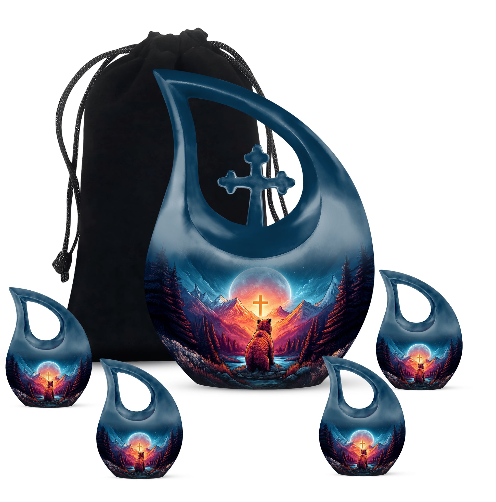 Soft Blue Bear Cremation Urn urn with complimentary velvet bag - faith-inspired cross-drop urn with bear pattern - memorial set with one large and four small urns