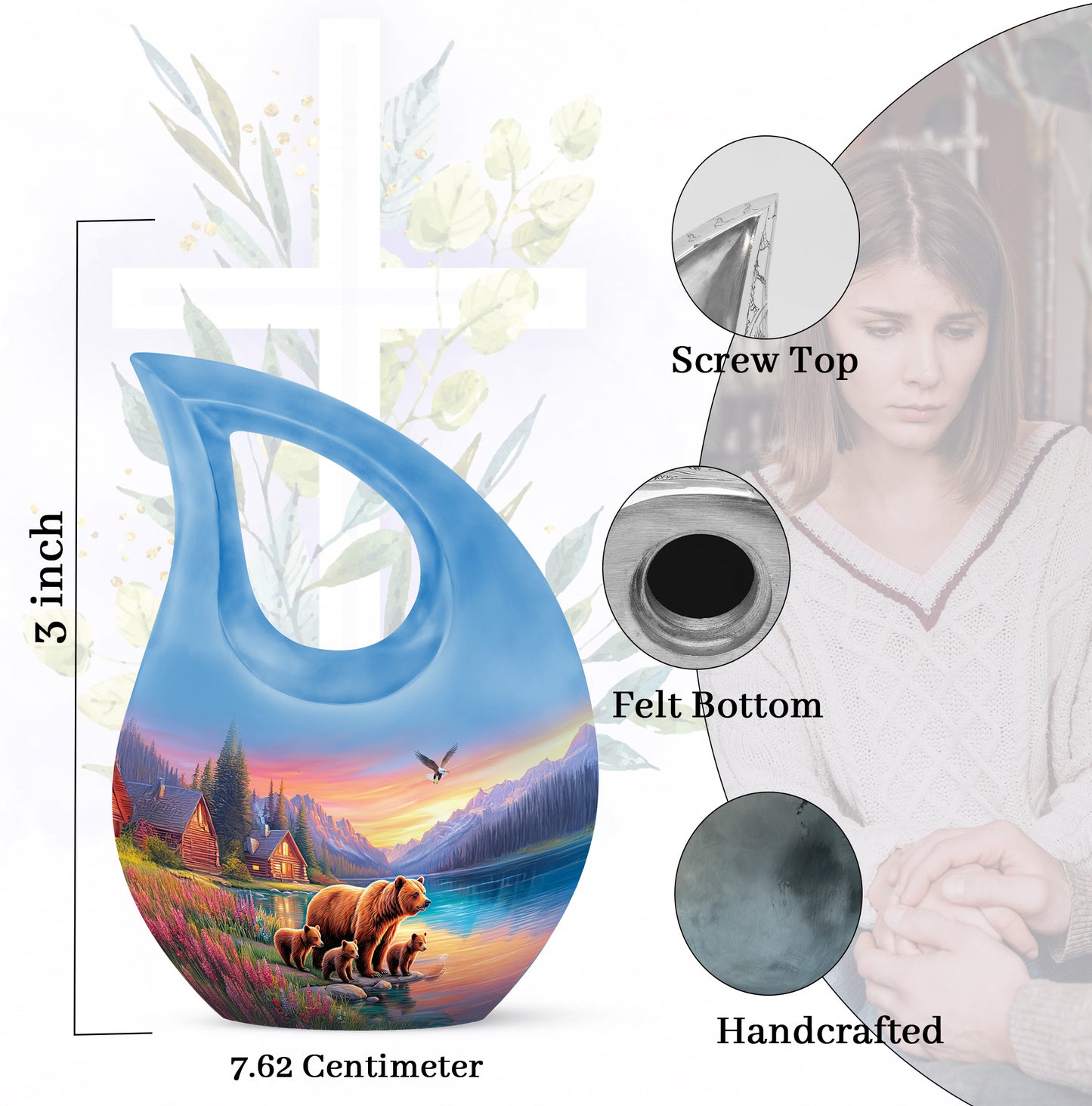 Celestial Blue Bear Cremation Urn back view with polished surface - sacred cross merged with bear motif on metal - mini keepsake memorial for portion of cremation ashes
