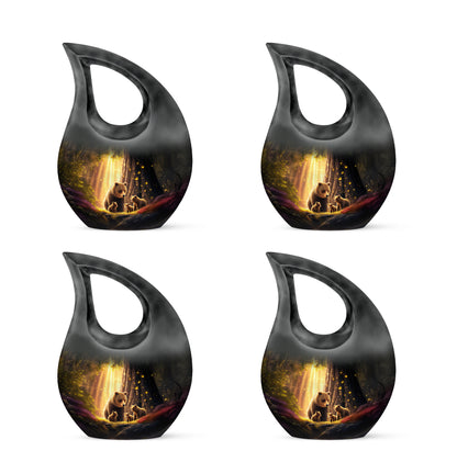 Glossy Black Bear Cremation Urn lifestyle display on memorial shelf - cross and bear combined in spiritual memorial design - 10 inch aluminum urn for cremated remains