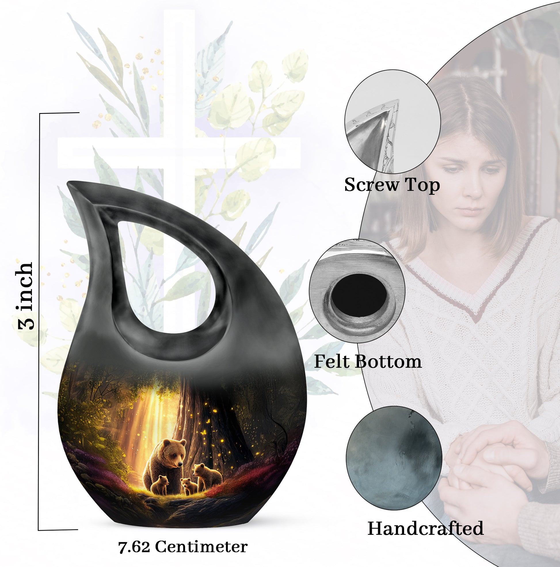 Midnight Black Bear Cremation Urn back view with polished surface - faith-inspired cross-drop urn with bear pattern - mini keepsake memorial for portion of cremation ashes