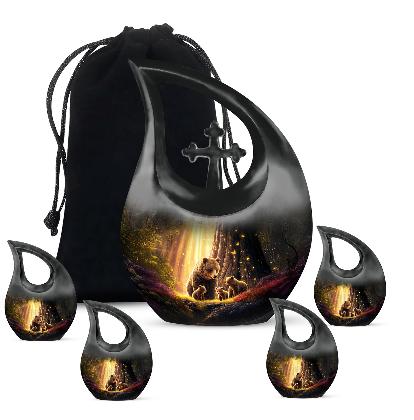 Dark Black Bear Cremation Urn urn with complimentary velvet bag - devotional cross-drop bear engraving - memorial set with one large and four small urns