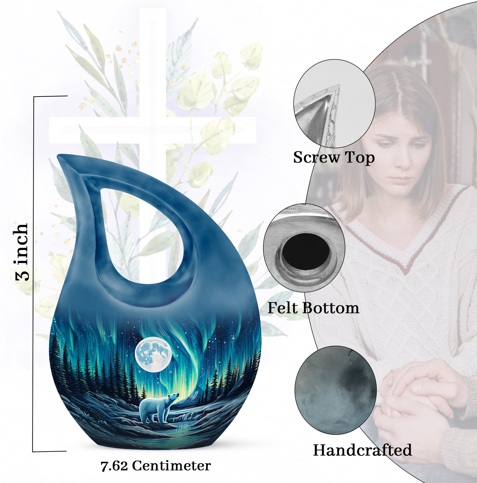Cornflower Blue Bear Cremation Urn back view with polished surface - faith-inspired cross-drop urn with bear pattern - mini keepsake memorial for portion of cremation ashes