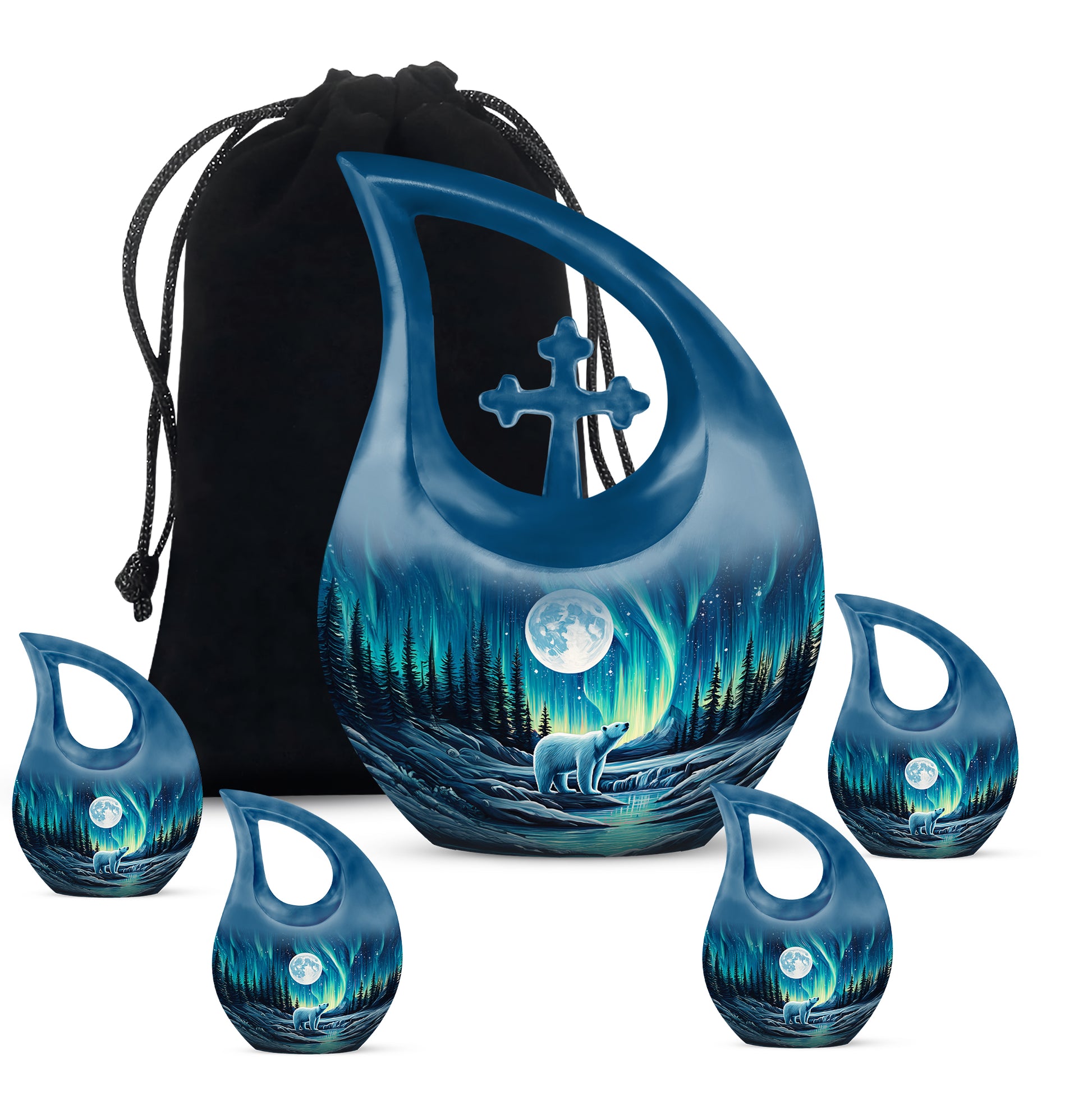 Azure Bear Cremation Urn urn with complimentary velvet bag - cross and bear combined in spiritual memorial design - memorial set with one large and four small urns