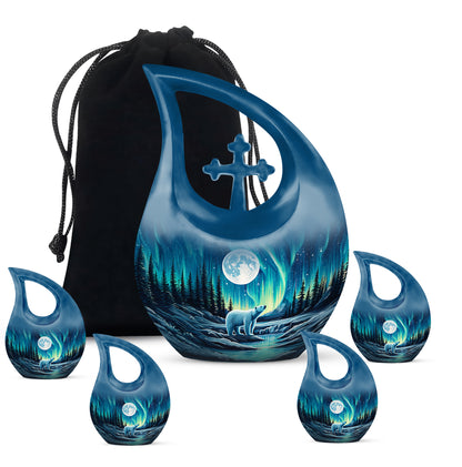 Azure Bear Cremation Urn urn with complimentary velvet bag - cross and bear combined in spiritual memorial design - memorial set with one large and four small urns