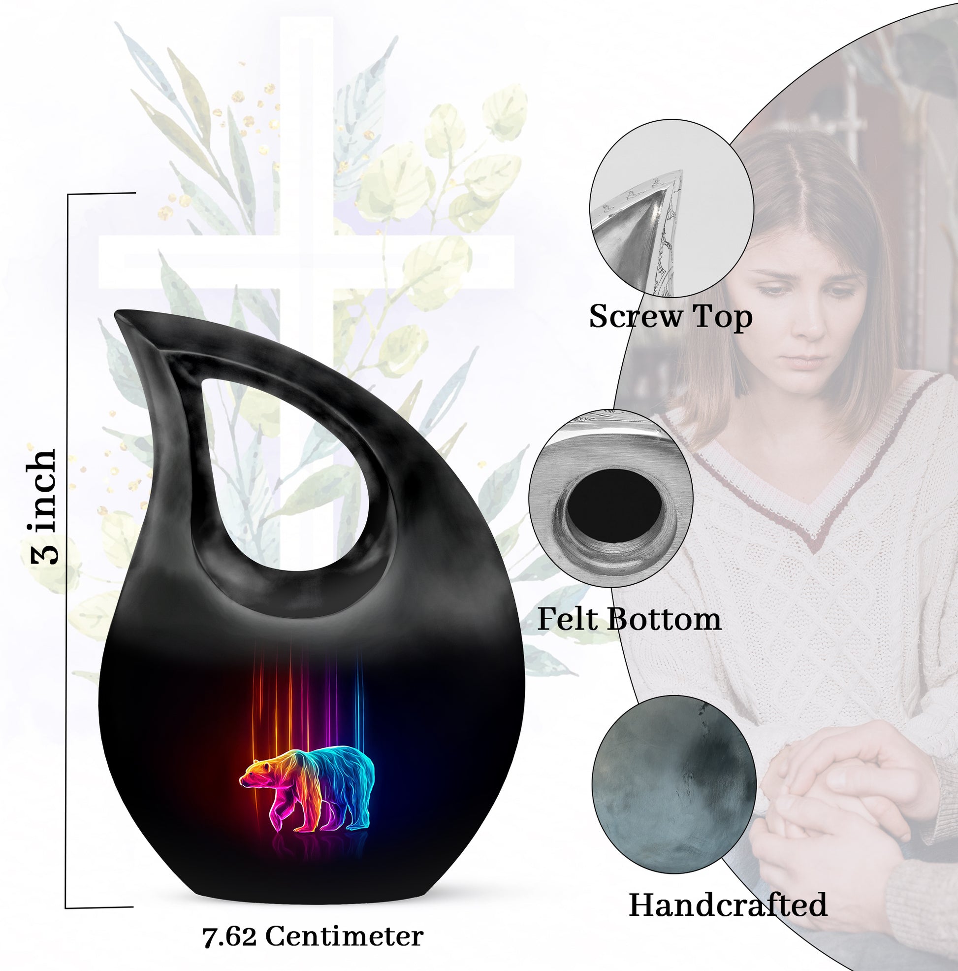 Dark Black Bear Cremation Urn back view with polished surface - faith-inspired cross-drop urn with bear pattern - mini keepsake memorial for portion of cremation ashes