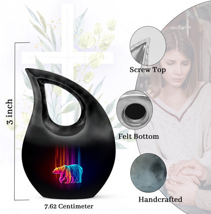 Dark Black Bear Cremation Urn back view with polished surface - faith-inspired cross-drop urn with bear pattern - mini keepsake memorial for portion of cremation ashes
