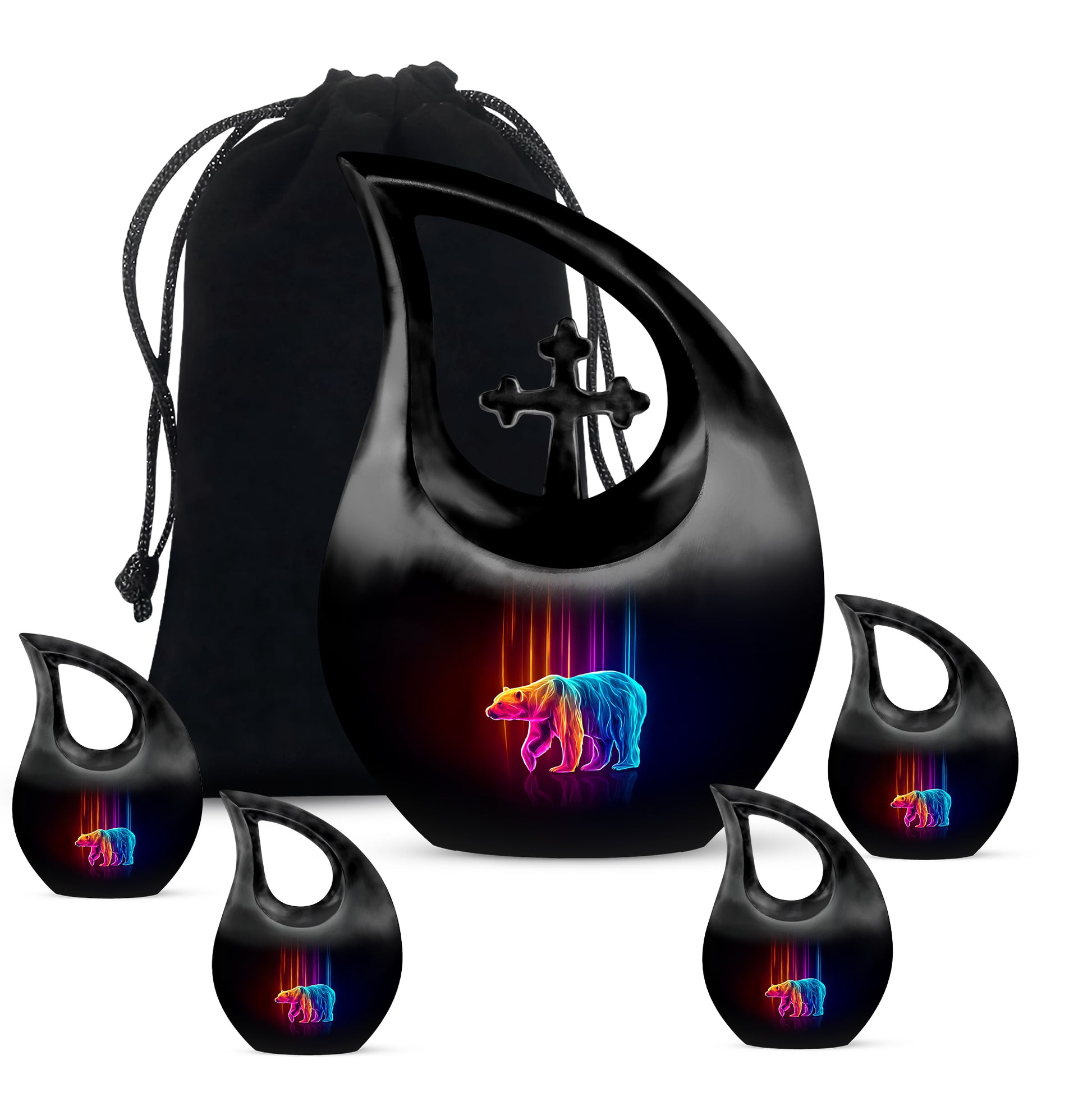 Rich Black Bear Cremation Urn urn with complimentary velvet bag - sacred cross merged with bear motif on metal - memorial set with one large and four small urns