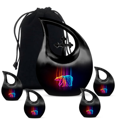 Rich Black Bear Cremation Urn urn with complimentary velvet bag - sacred cross merged with bear motif on metal - memorial set with one large and four small urns