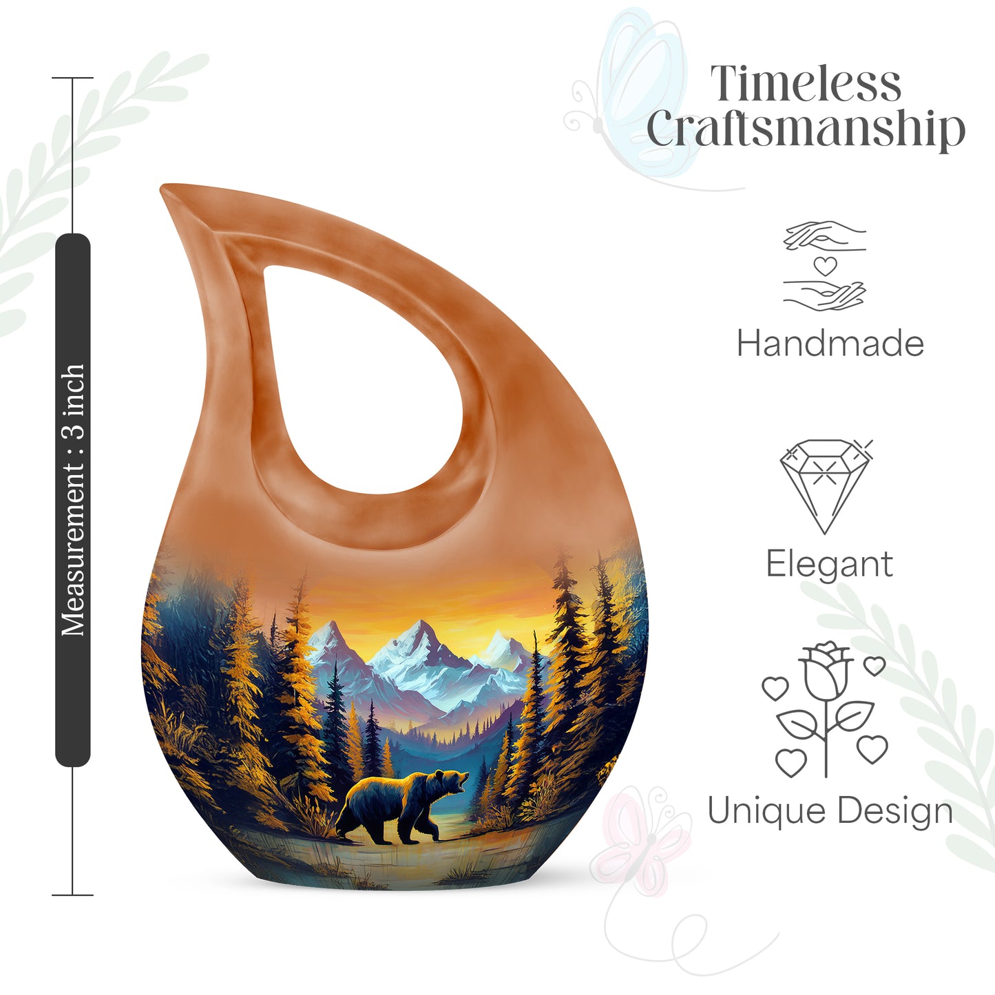 Sunrise Gold Bear Cremation Urn back view with polished surface - cross and bear combined in spiritual memorial design - mini keepsake memorial for portion of cremation ashes