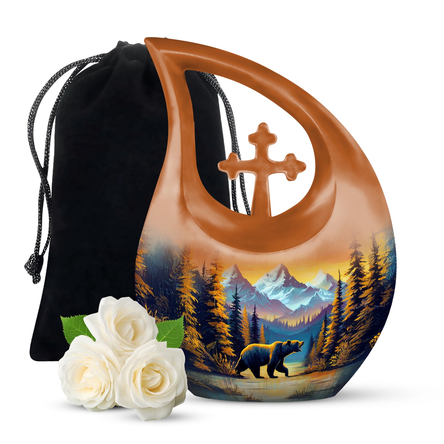 Champagne Gold Bear Cremation Urn top-down view of secure threaded lid - sacred cross merged with bear motif on metal - full-size 10 inch 200 cubic inch adult cremation urn